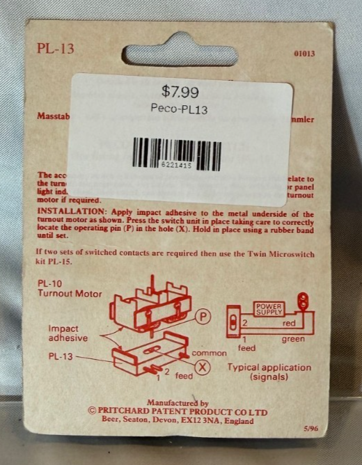PECO lectrics Accessory Switch PL-13- Fitting Turnout Motor Machine 1